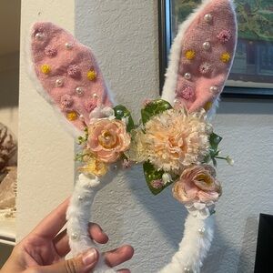 Floral Easter Ears / Bunny Ear Headband - Pink and White